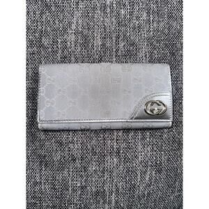 GUCCI Silver Canvas Leather Snap Multi-Compartment Long Wallet